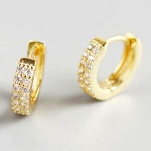 18K Yellow Gold plated over Sterling Silver Hoop Earrings  Simulate Diamonds